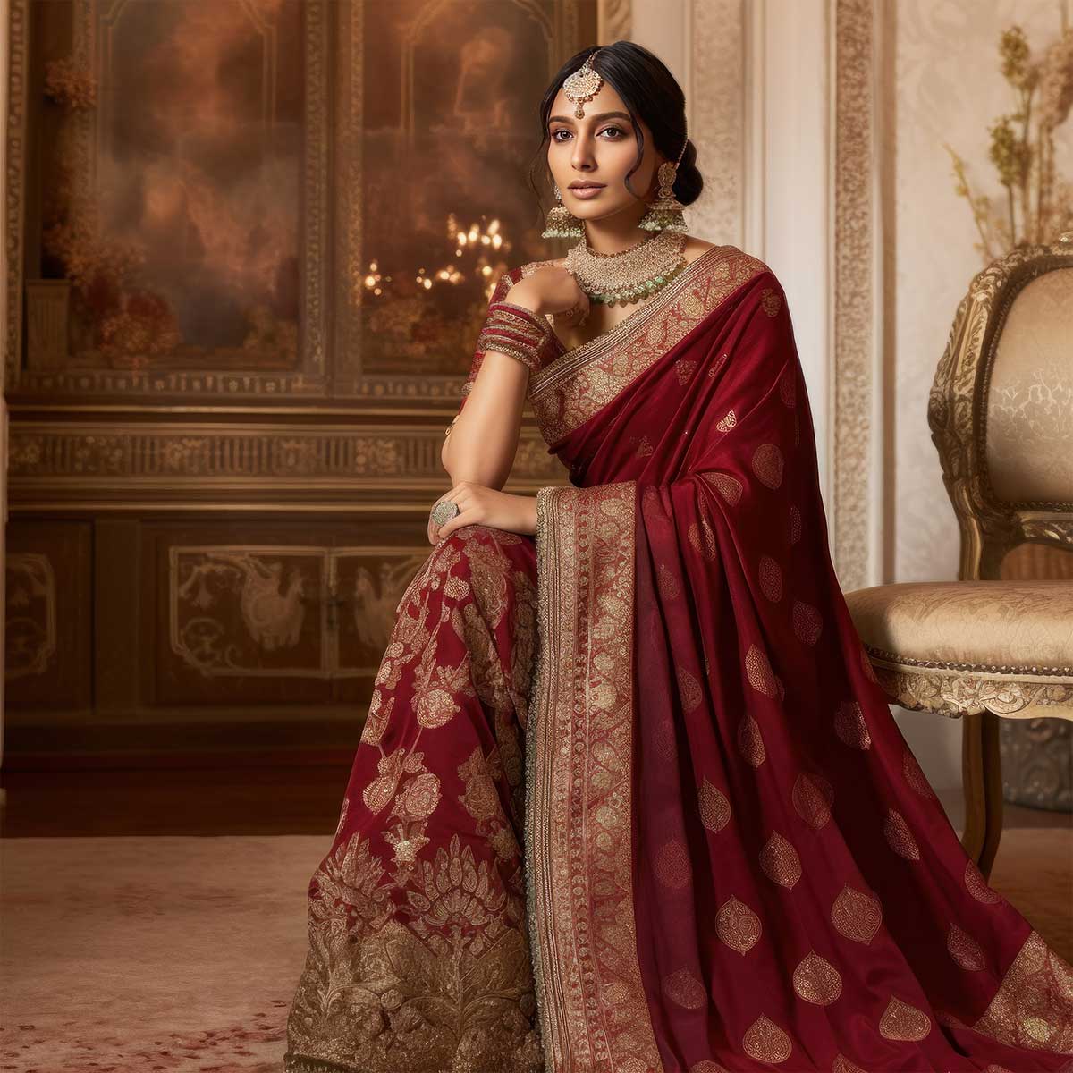 Glimmering Red Color Golden Zari Seqence Embordery Work Saree Manufacturers, Suppliers in Ajmer