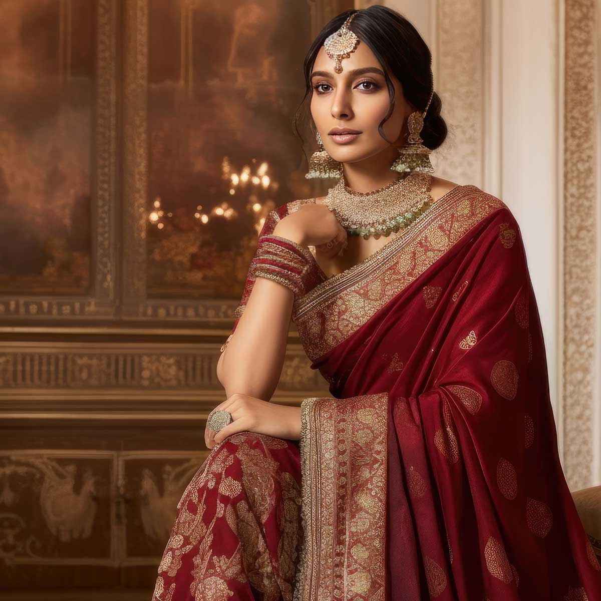 Glimmering Red Color Golden Zari Seqence Embordery Work Saree Manufacturers, Suppliers in Ajmer